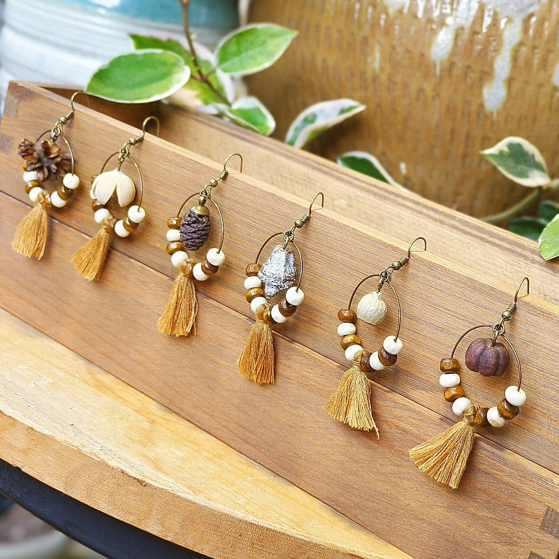 Wholesale Retro Real Fruit Exaggerated Large Hoop Hanging Wooden Beads Earrings