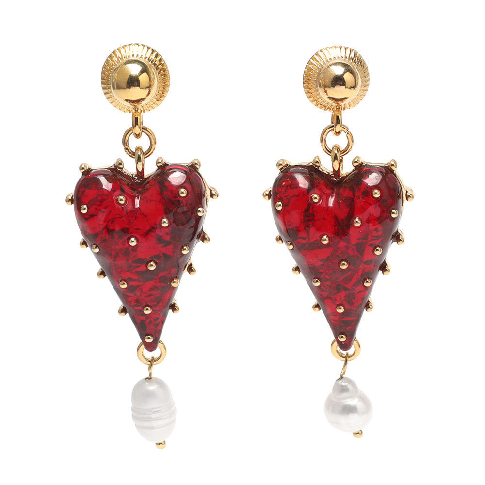Wholesale Half transparent red tassel heart-shaped earrings