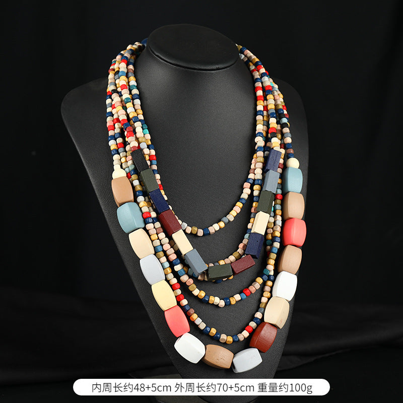 Wholesale Handmade Exaggerated Bohemian Wooden Bead Necklace