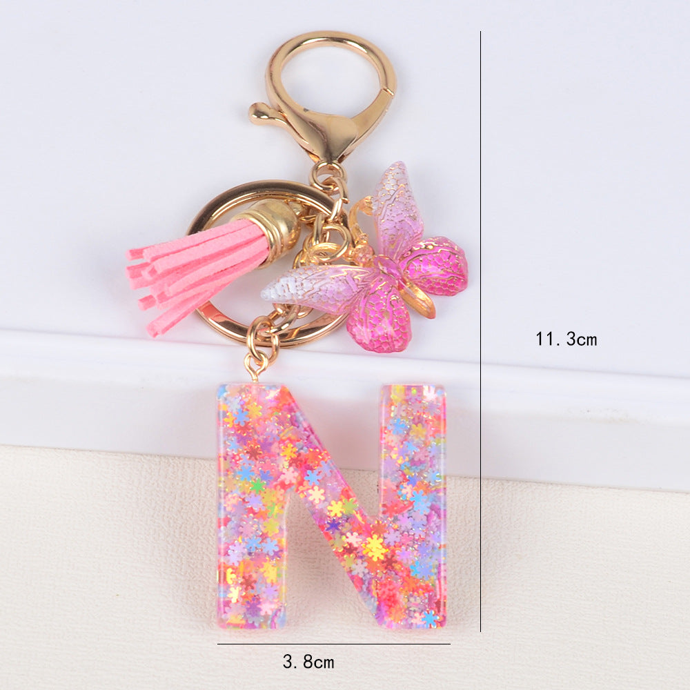 卸売スパンコールスノーフレークレター樹脂キーホルダー