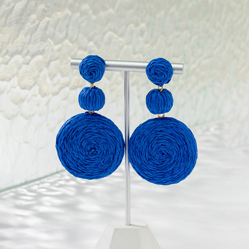 Wholesale Klein Blue Gourd Braided Raffia Hoop Earrings