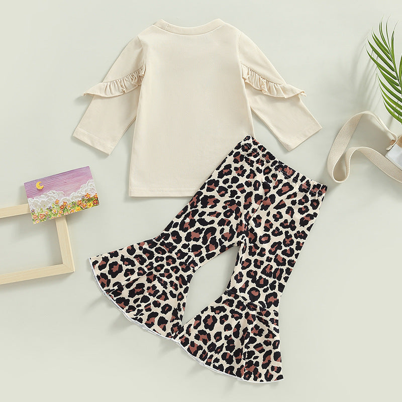 Wholesale Cotton Children's Flying Sleeve Top Leopard Print Bell Bottoms Two-piece Set
