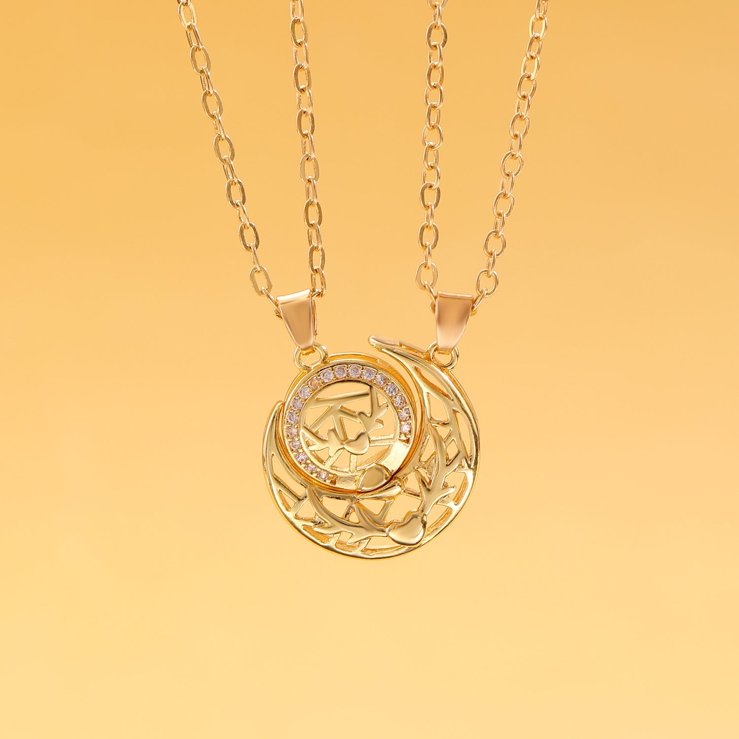 Wholesale Sun and Moon Tonghui Stacked  Diamond  Open Copper Rings Necklaces Jewelry Set