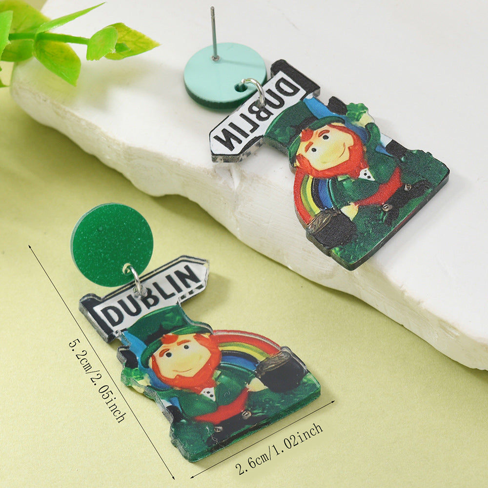 Wholesale St. Patrick's Day Green Hat Lucky Grass Clover Exaggerated Carnival Acrylic Double-Sided Earrings