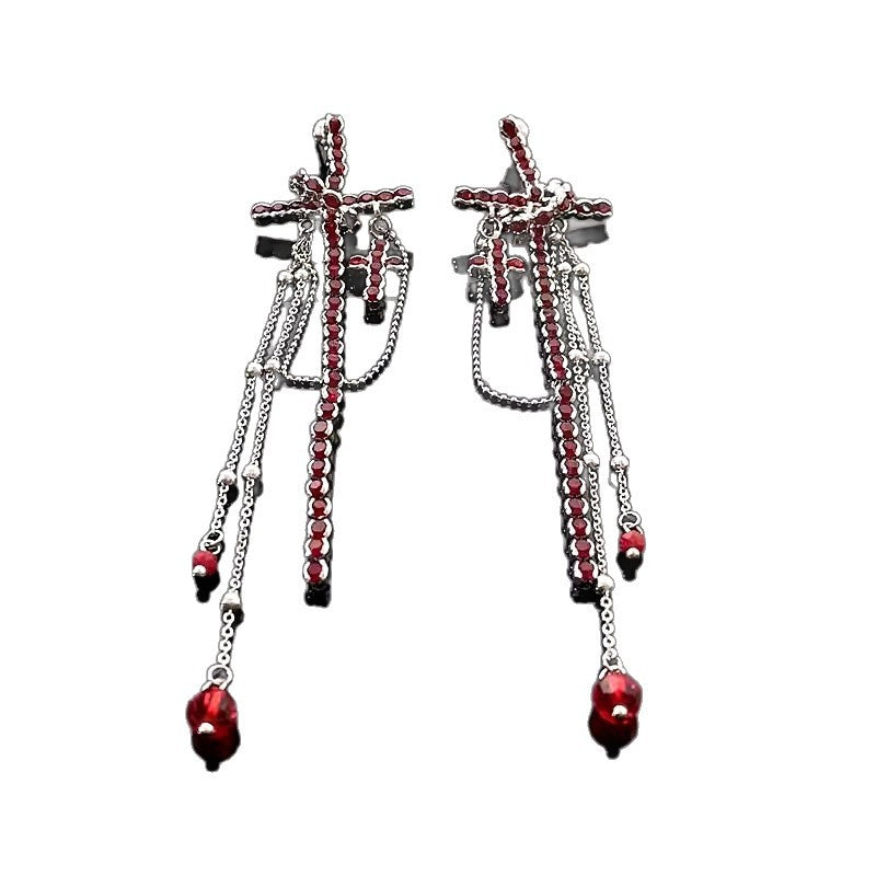 Wholesale Sweet and cool dark style cross fringe long earrings