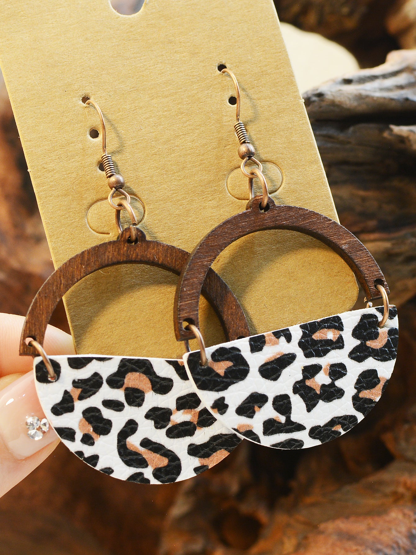 Wholesale Turquoise Inlaid Western Cowboy Earrings Plush Cow  Semi-Circle Cut Out Leopard