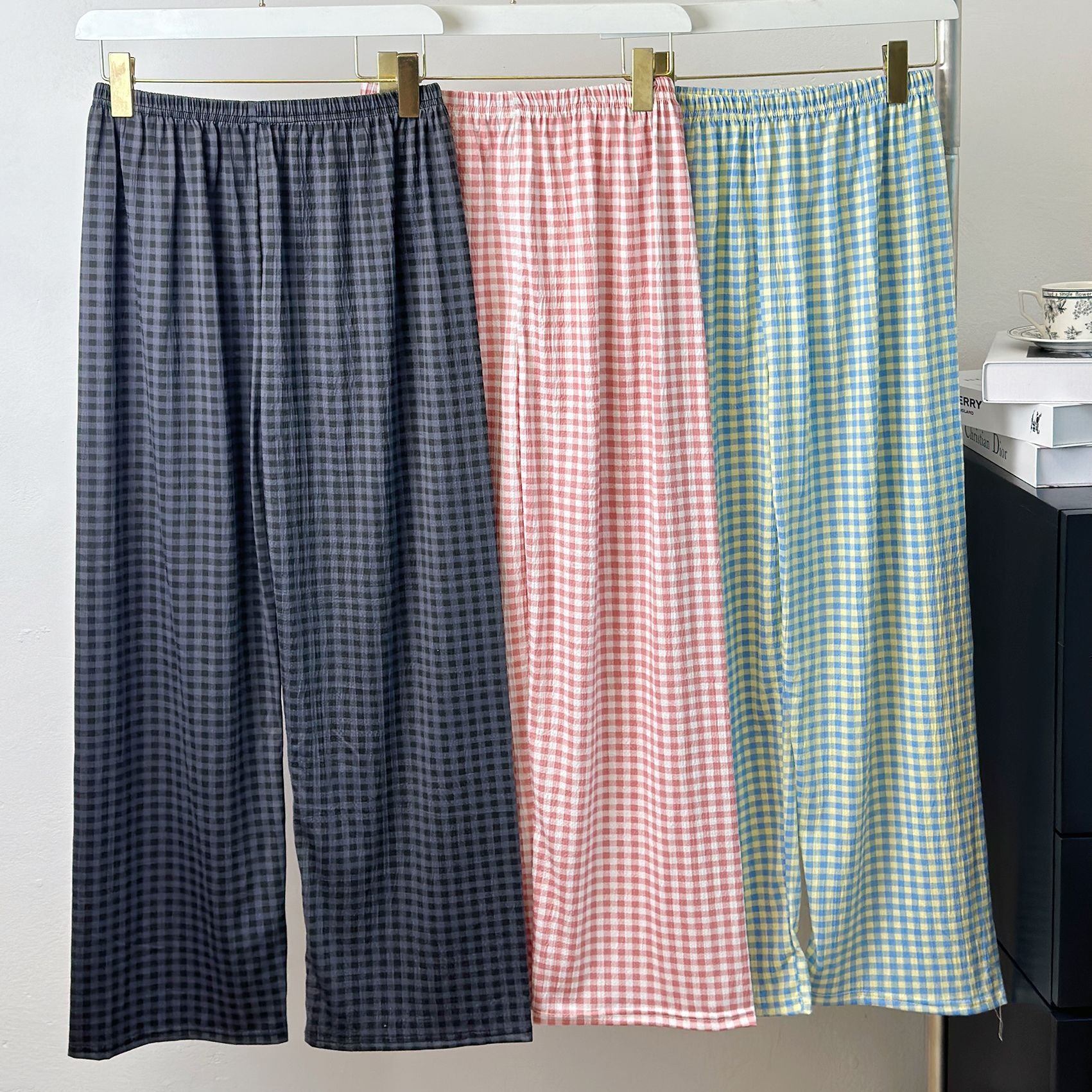 Wholesale Plaid Casual Wide-leg Women's Summer Pajama Pants High Waist Straight Loose Walking Pants