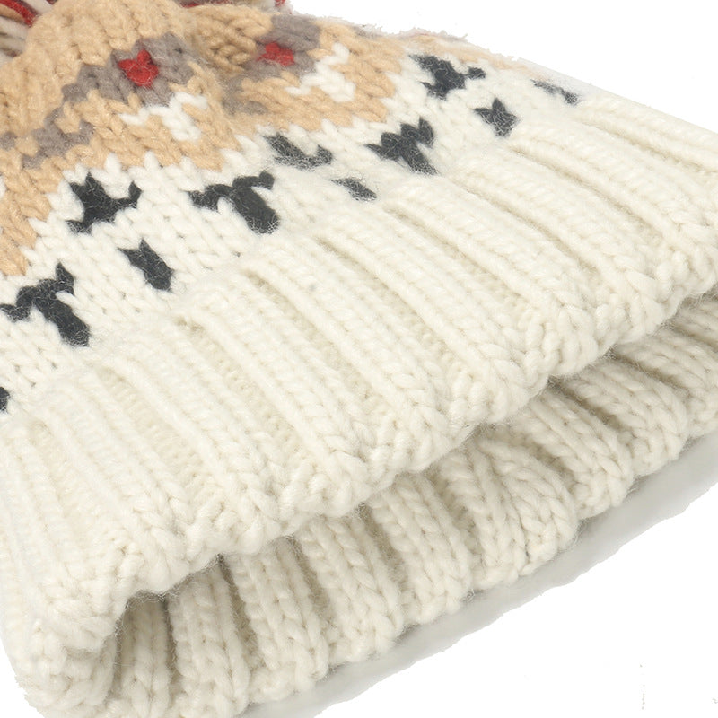 Wholesale Warm Mohair Mixed Color Geometric Diamond Jacquard Pom Pom Hat