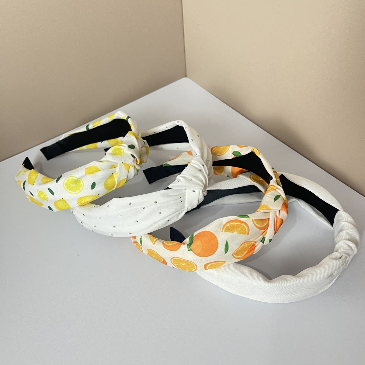 Wholesale Fabric Pure Flower Fruit Lemon Orange Cherry Wide Edge Knotted Headband Combination 4Pcs