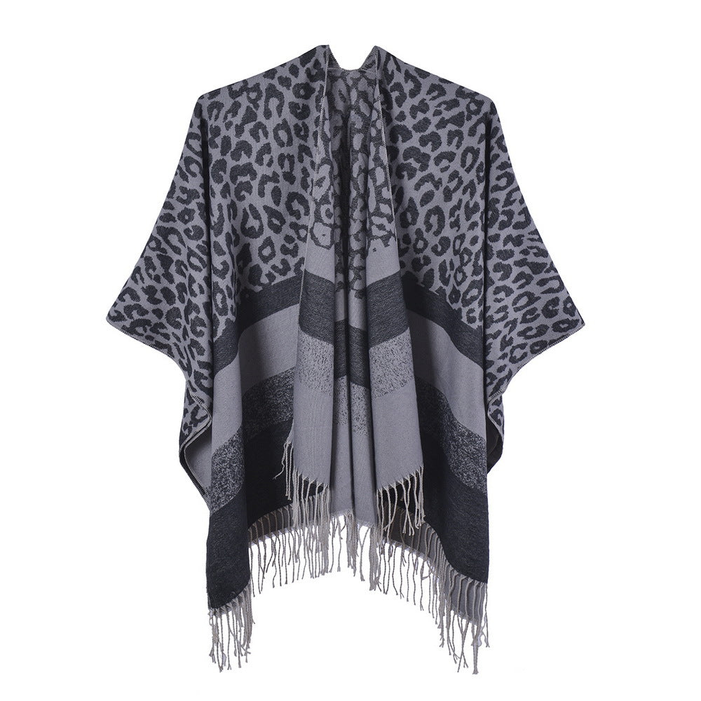 Wholesale Winter Leopard Print Tassel Imitation Cashmere Split Cape