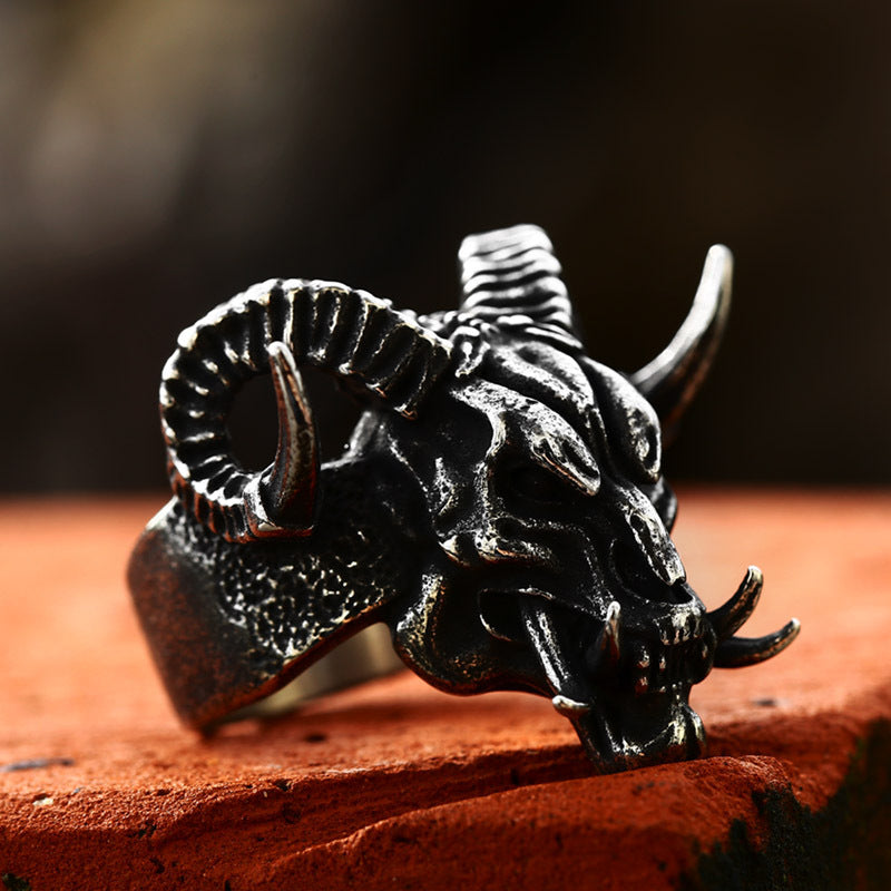 Wholesale Stainless Steel Men' s Ring Vintage Titanium Steel Satan Sheep Head Jewelry