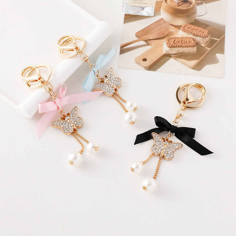 Wholesale Pearl Alloy Butterfly Tassel Keychain