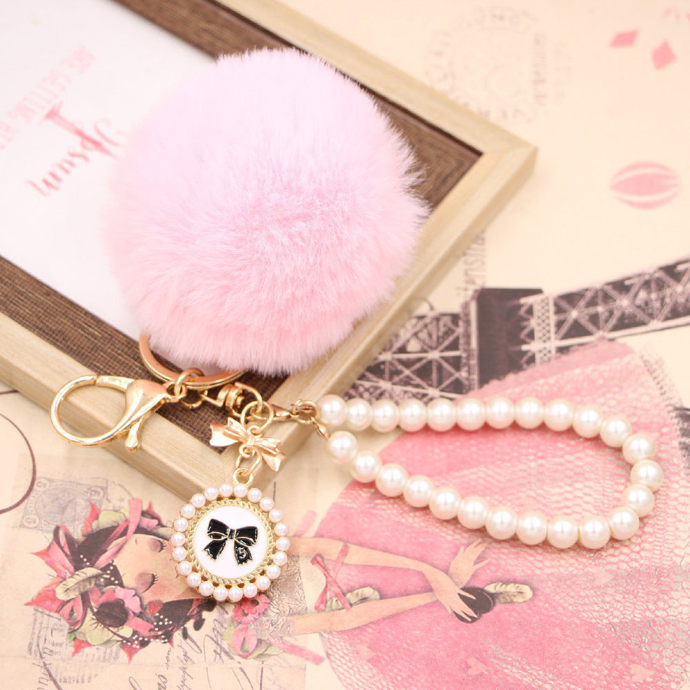 Wholesale Imitation Rex Rabbit Fur Ball Pearl Chain Bow Plush Ball Keychain