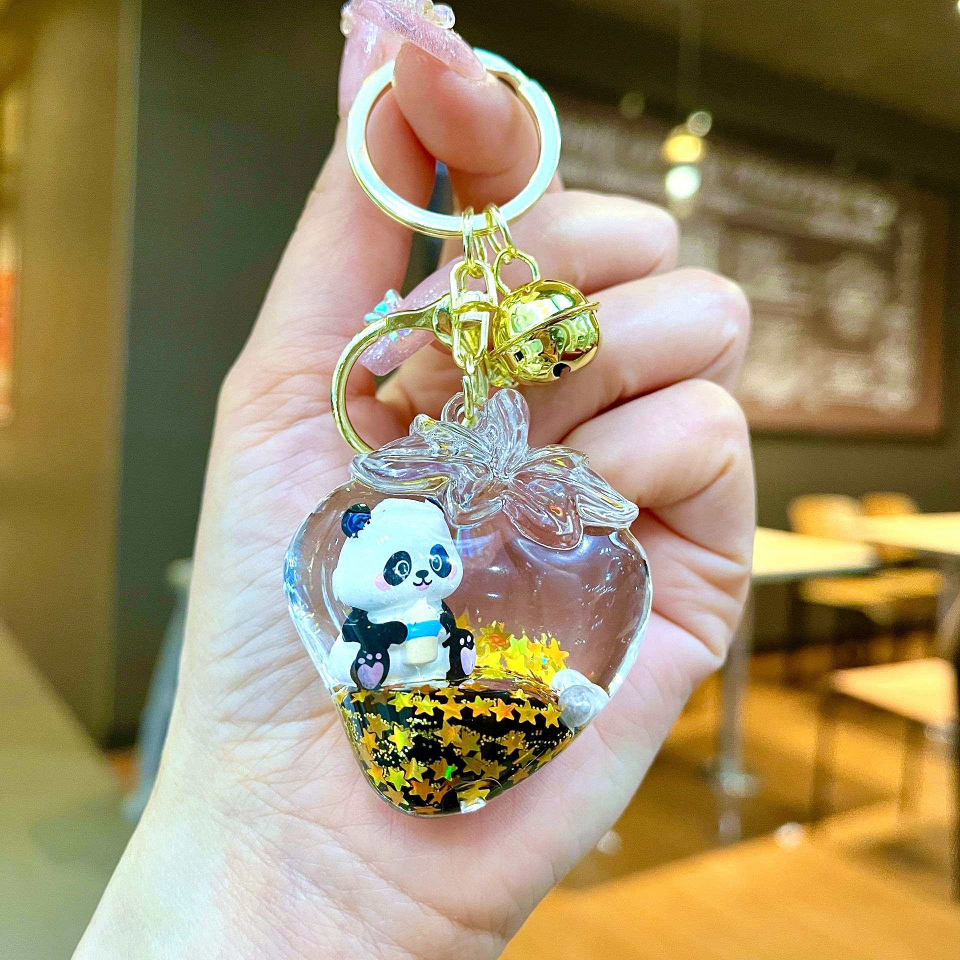 Wholesale Black gold floating cartoon cute panda Liquid Keychains