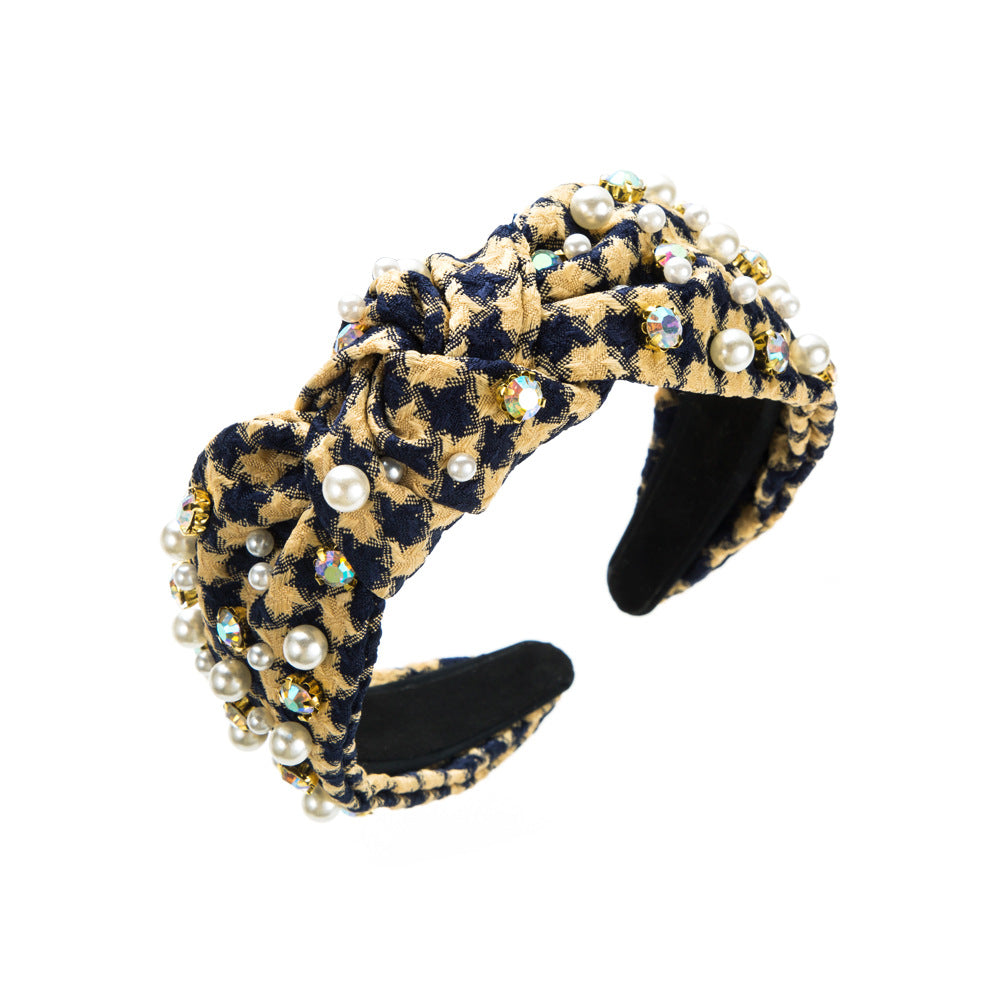 Wholesale Vintage Diamond Pearl Plaid Fabric Headband