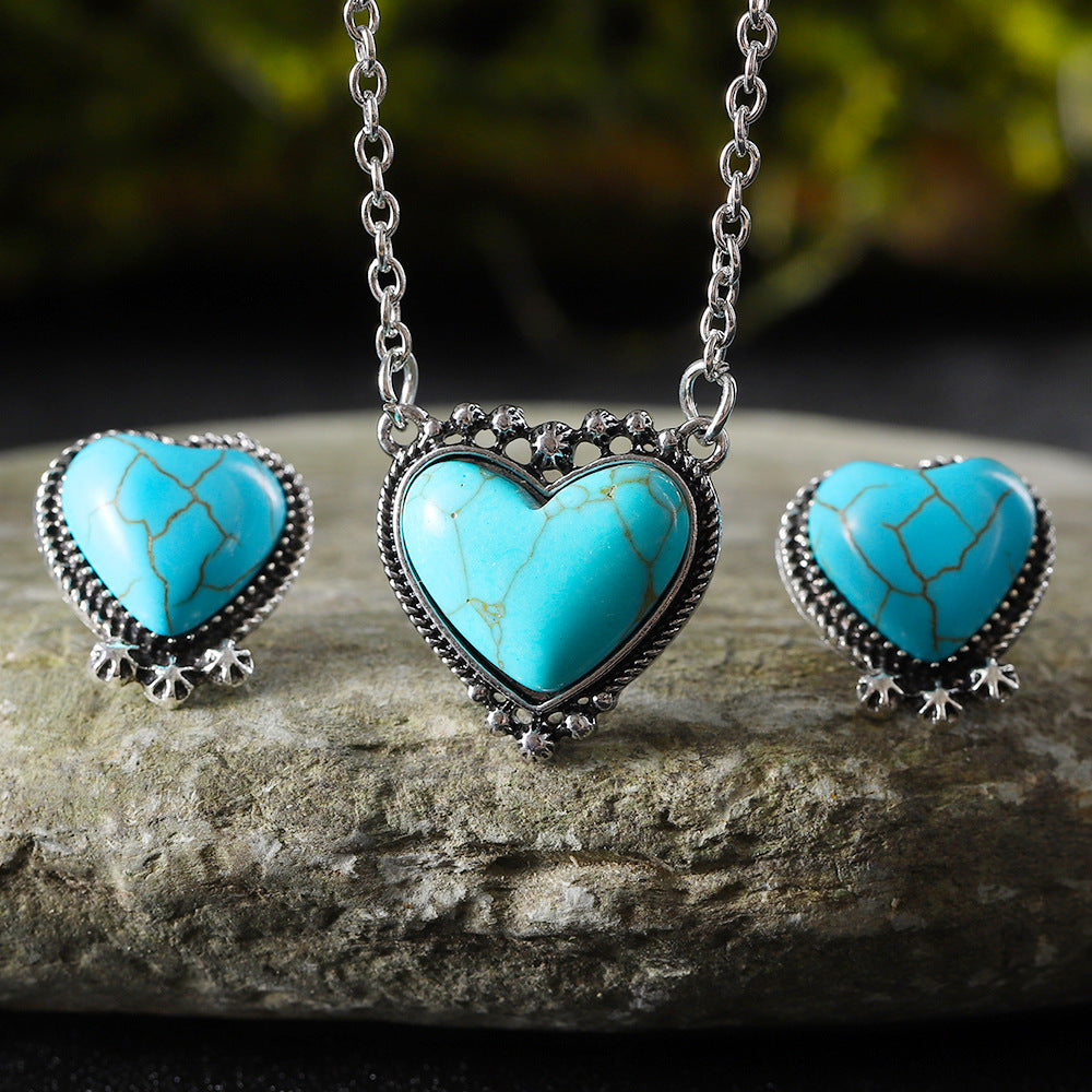 Wholesale Antique Silver Heart Earrings Necklace Set Sweet Romantic Jewelry For Party Gift Resale