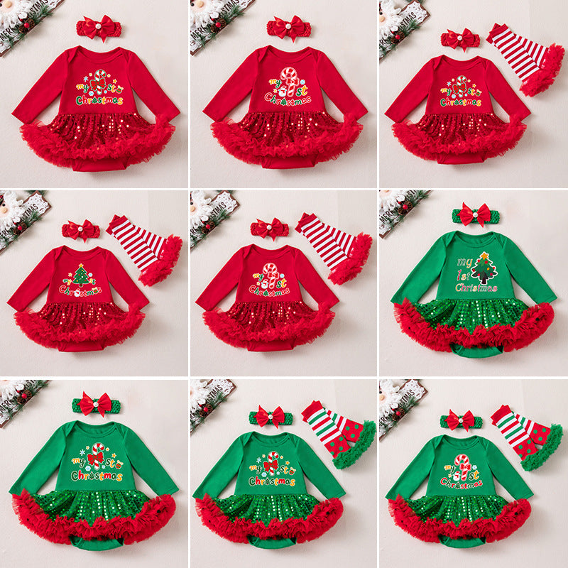 Wholesale Red Long Sleeve Sequin Tulle Baby Girl Christmas Dress Set With Hairband Leg Warmers Boutique Holiday Outfit