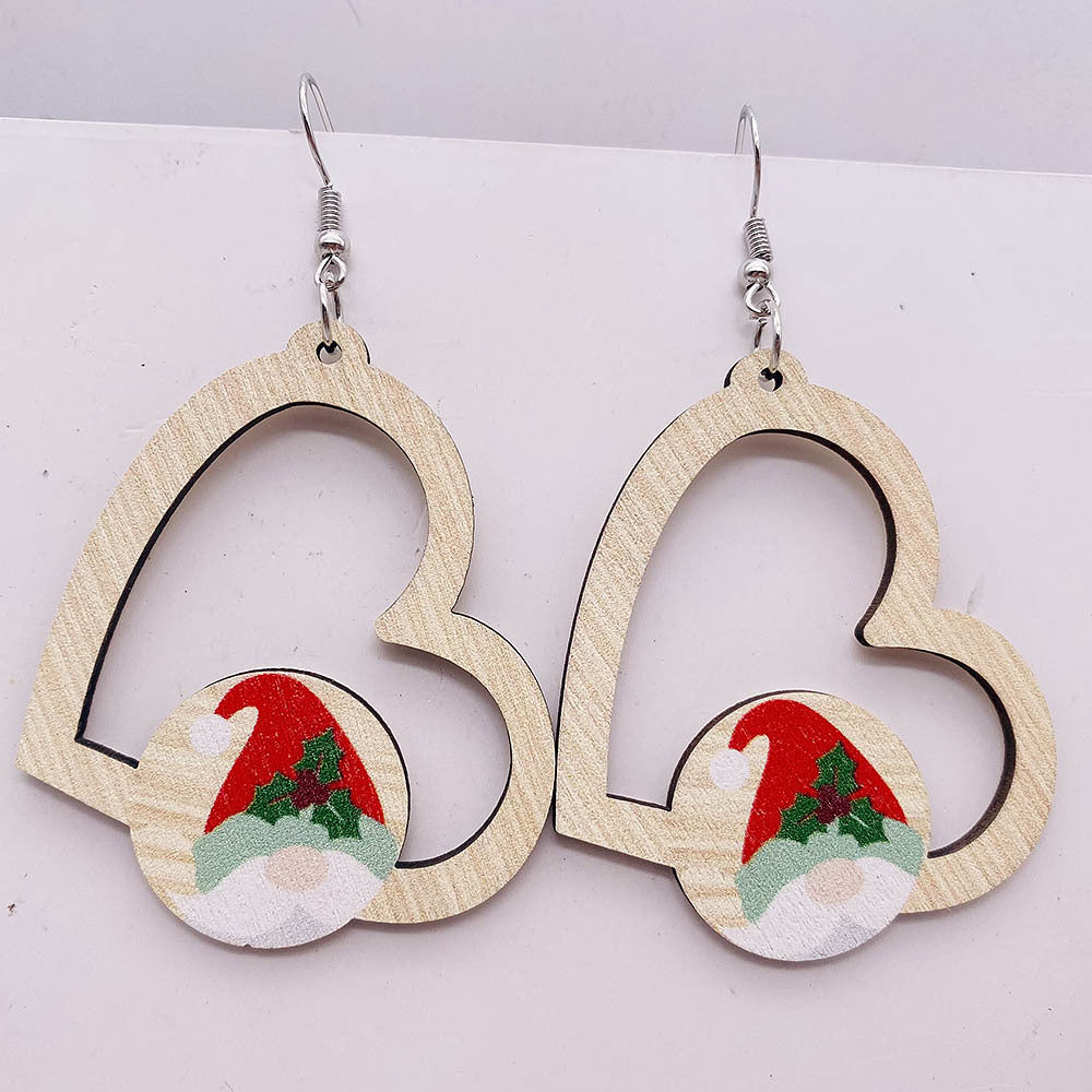 Wholesale Christmas Wooden Earrings Santa Claus Elk Gnome Heart Shape