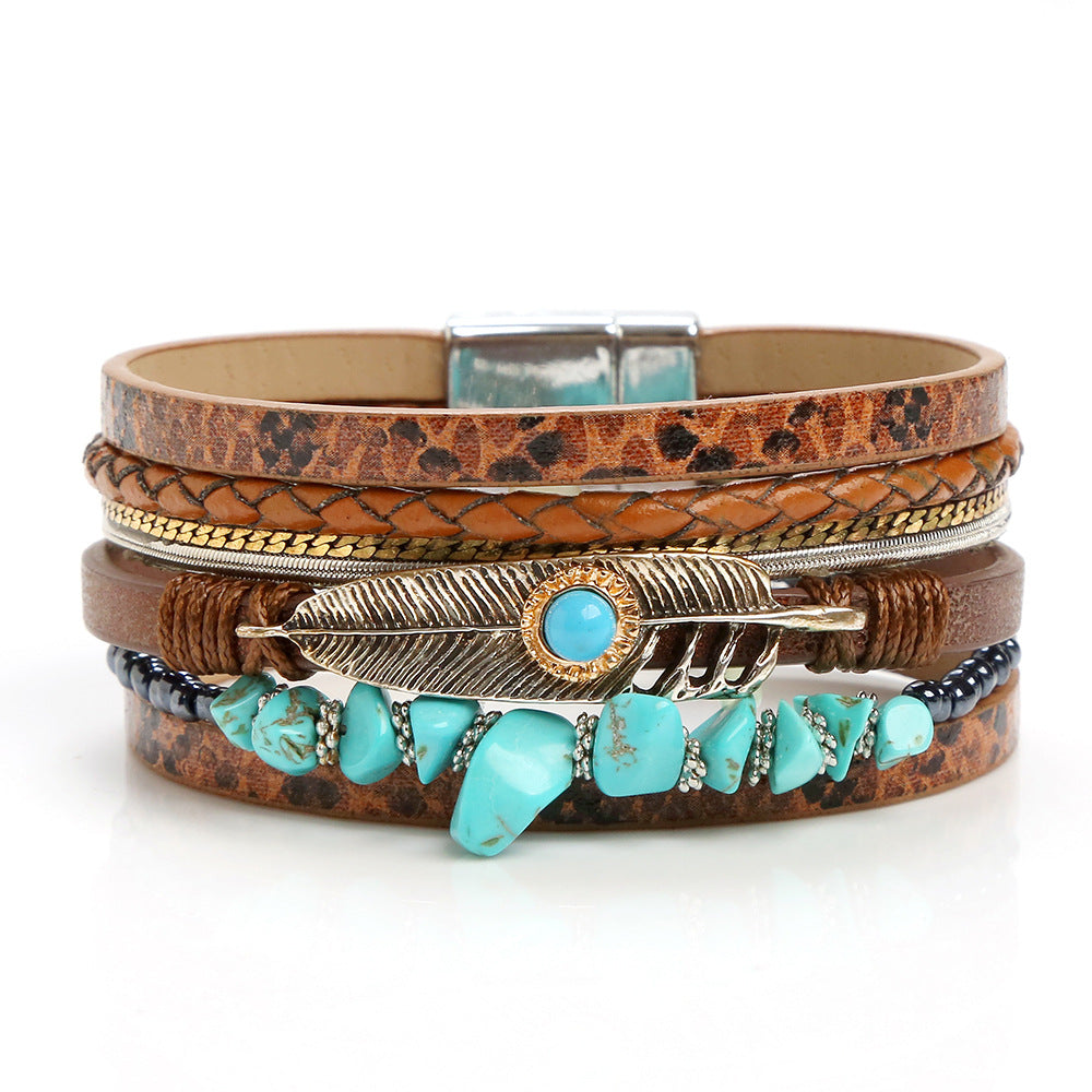 Wholesale Crystal Leather Braided Leather Vintage Bohemian Feather Turquoise Gravel Magnet Clasp Bracelet