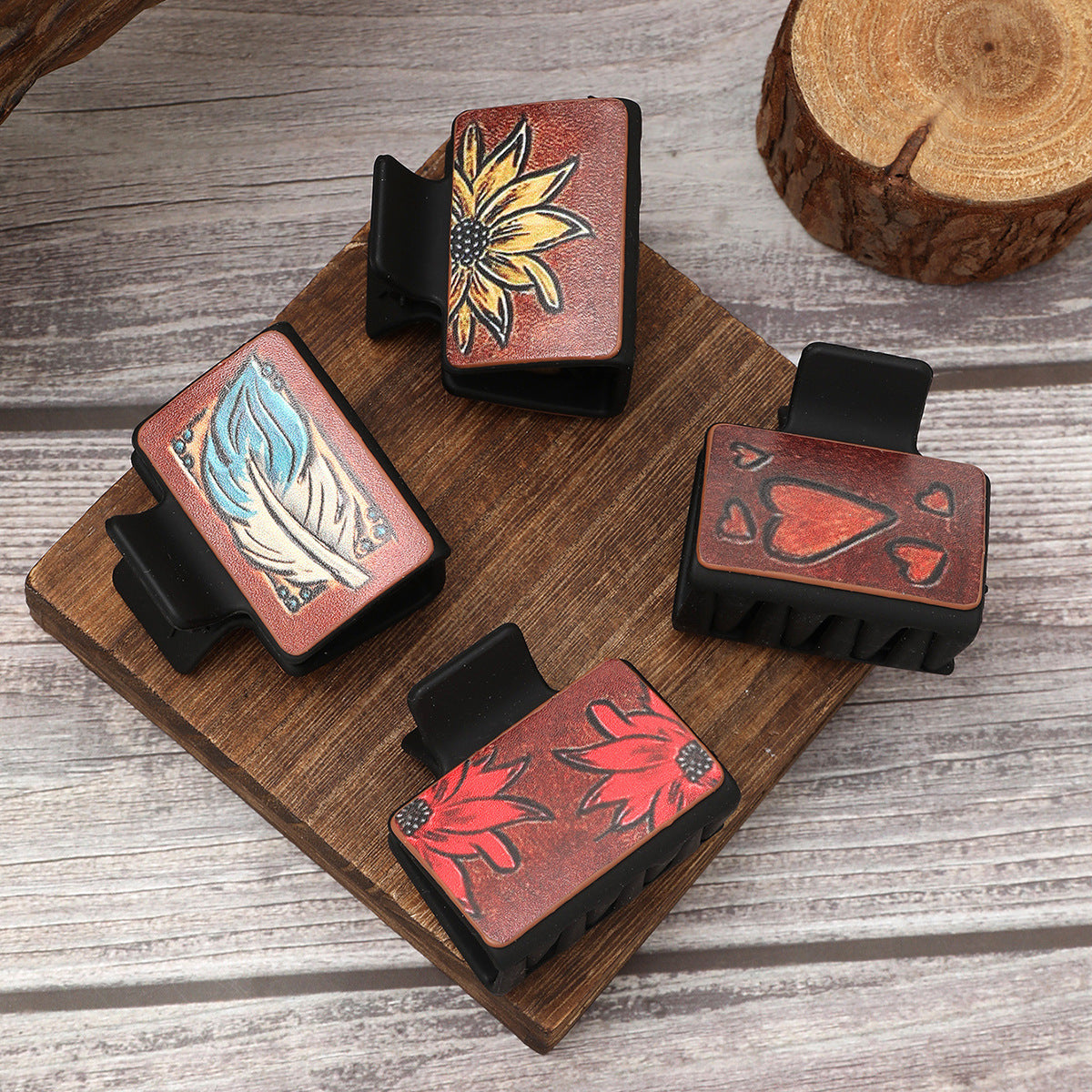 Wholesale Sunflower Feather Pattern Leather Hairpin Shark Clip Hair Clip