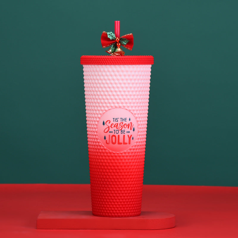 Wholesale 710ml Double Layer Plastic Suction Cup Durian Cup Tie Hand Cup Christmas Gradient Suction Cup