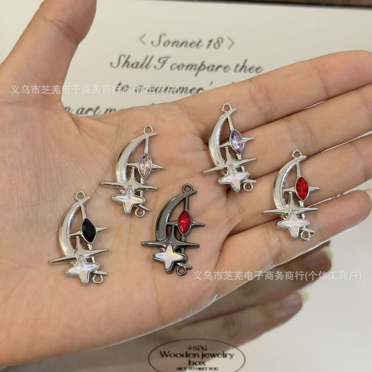 Wholesale 10pcs Zircon Double Hanging Hole Star Moon Relief Pendant