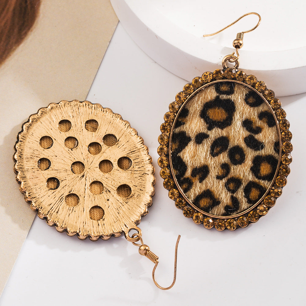 Wholesale Leopard Sequined Leather Vintage Diamond Pearl Earrings