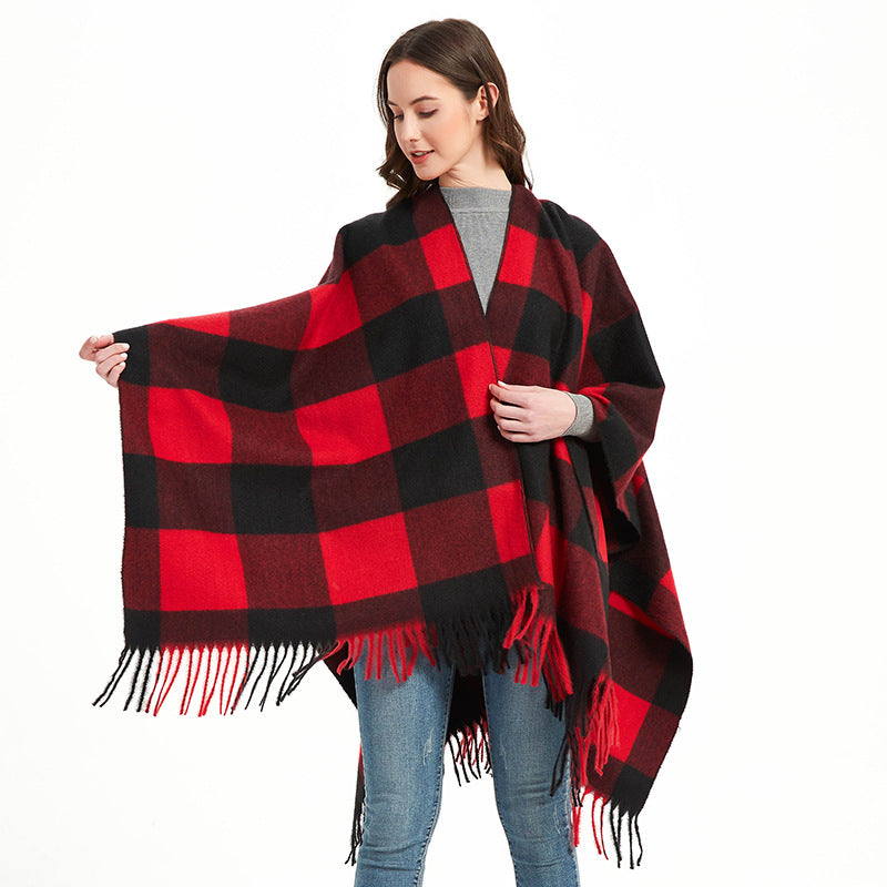 Wholesale Autumn and Winter Slit Cape Thickened Plaid Thorn Fringed Shawl