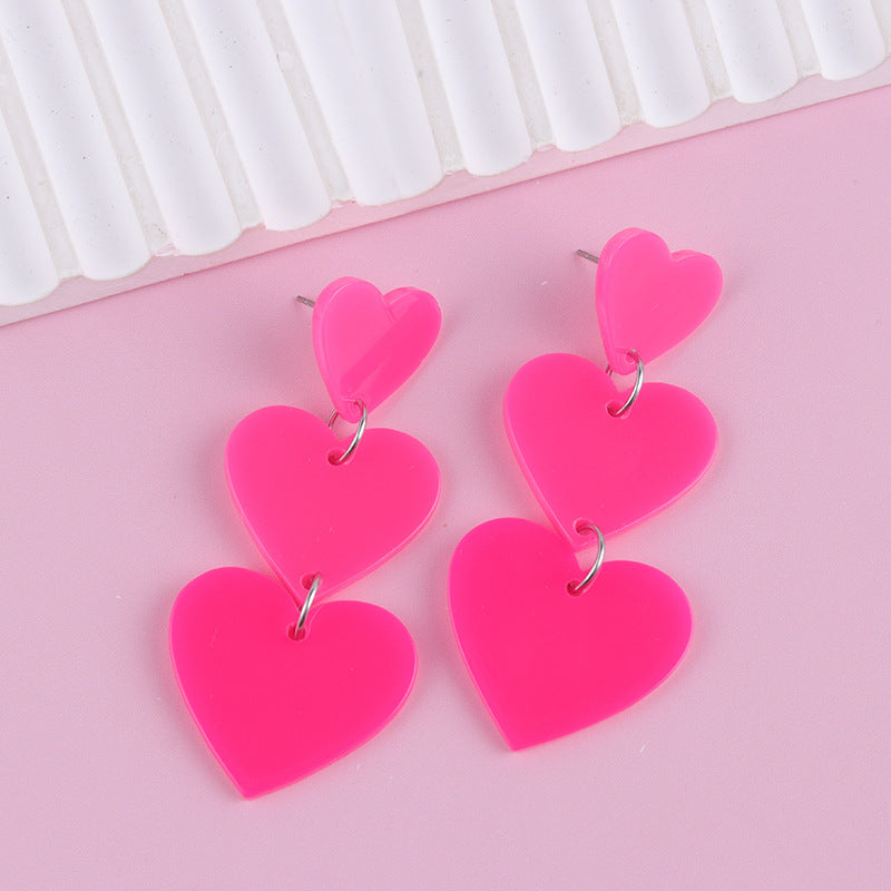 Wholesale Asymmetric long triple heart Acrylic Earrings