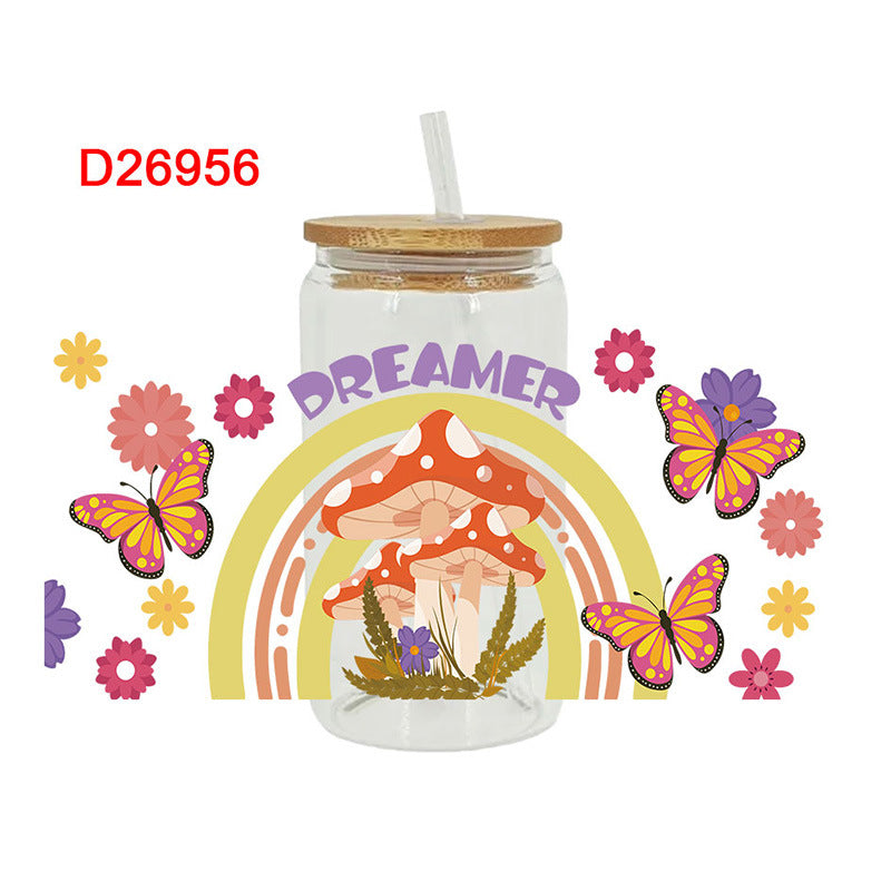 Wholesale Colorful Butterfly Flower Mushroom 16oz Cup UV DTF Wraps