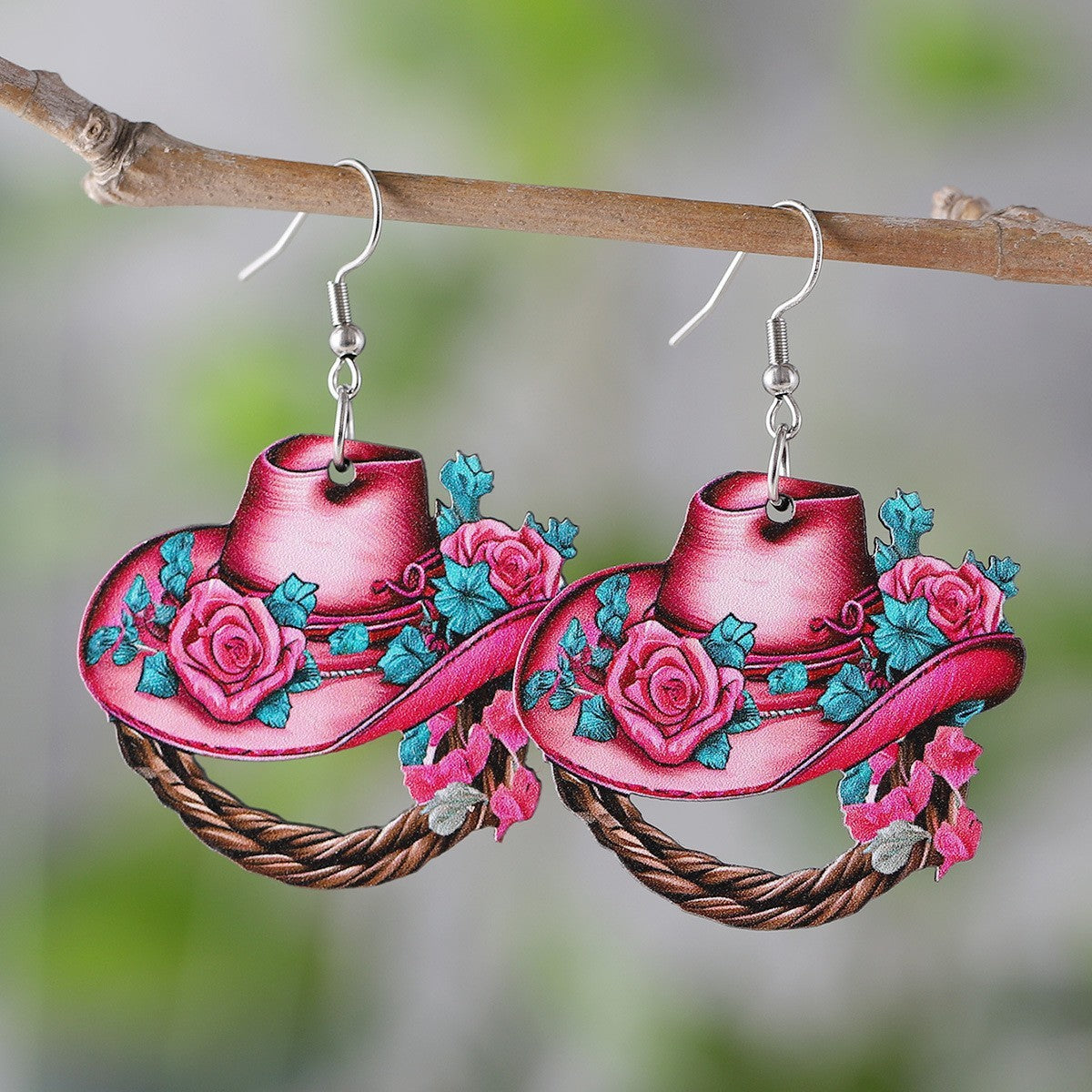 Wholesale Western Cowboy Hat Horseshoe Flower Pendant Earrings Bohemian Acrylic Double Sided Earrings Fashion Party Gift
