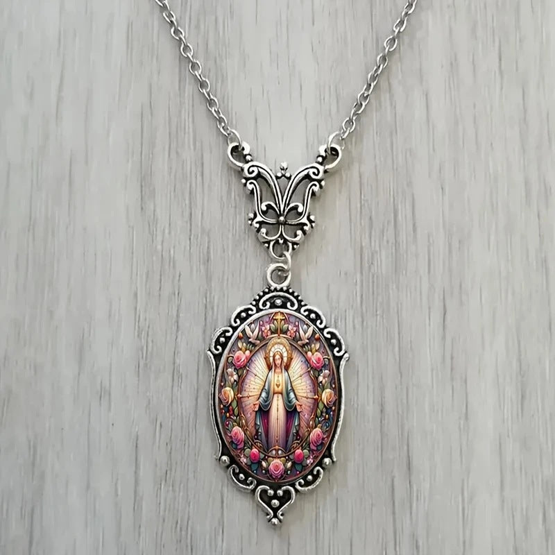 Wholesale Oval portrait flower glass pendant necklace