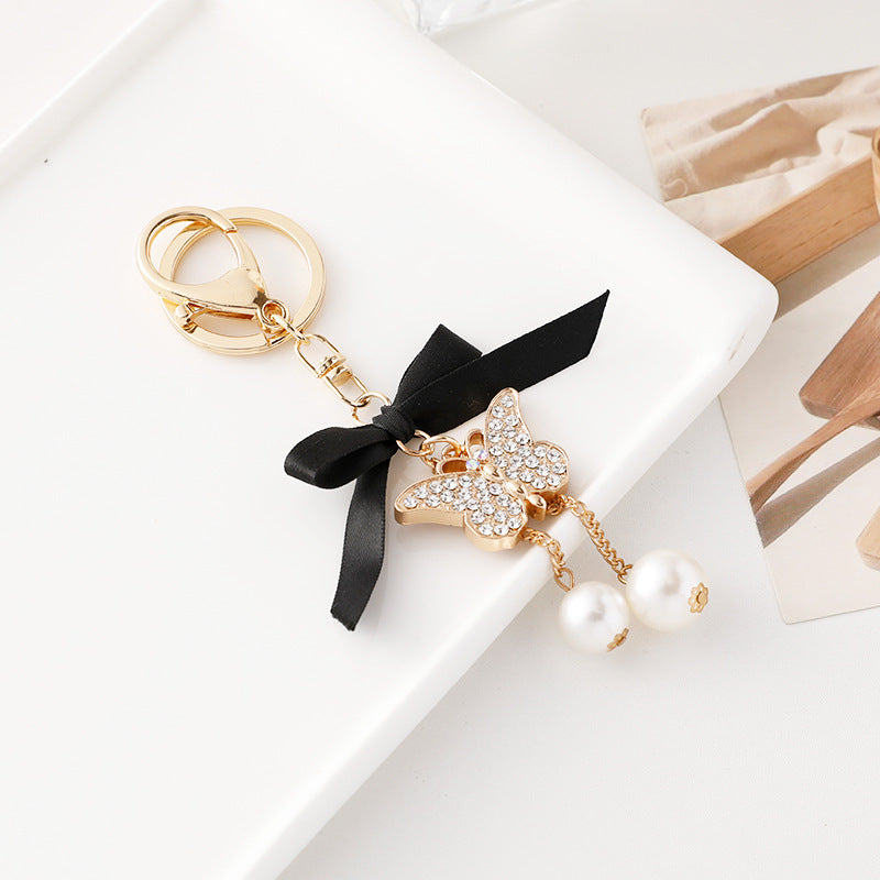 Wholesale Pearl Alloy Butterfly Tassel Keychain