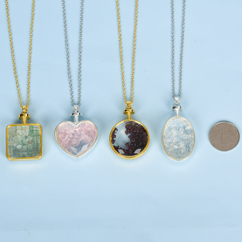 Wholesale Gravel Square Pink Quartz Round Pendant  Crystal Necklace