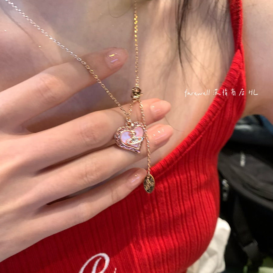 Wholesale Red pink heart-shaped Saturn necklace with built-in design