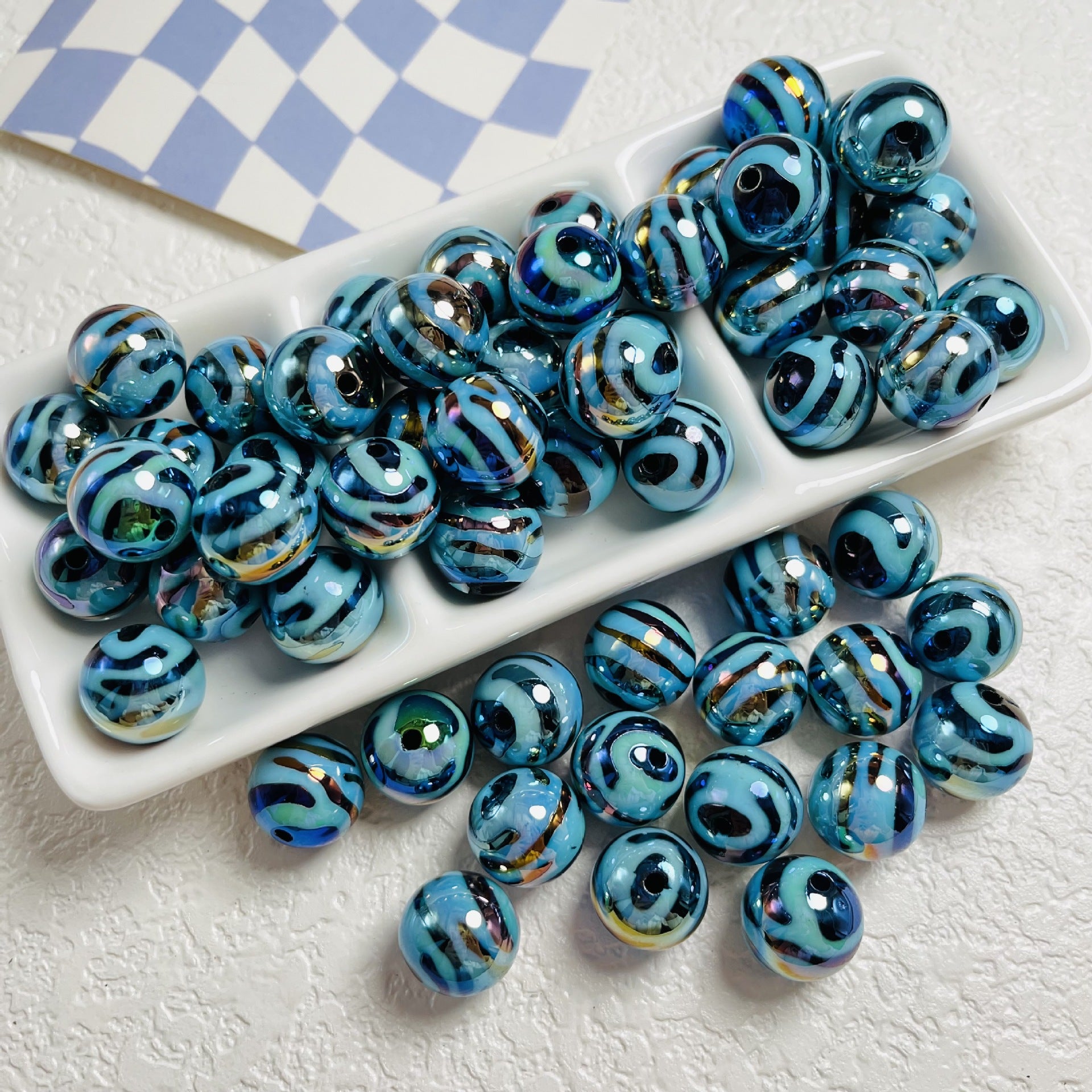 Wholesale 10PCS UV Plating Colorful Zebra Stripes Straight Hole Round Acrylic Beads