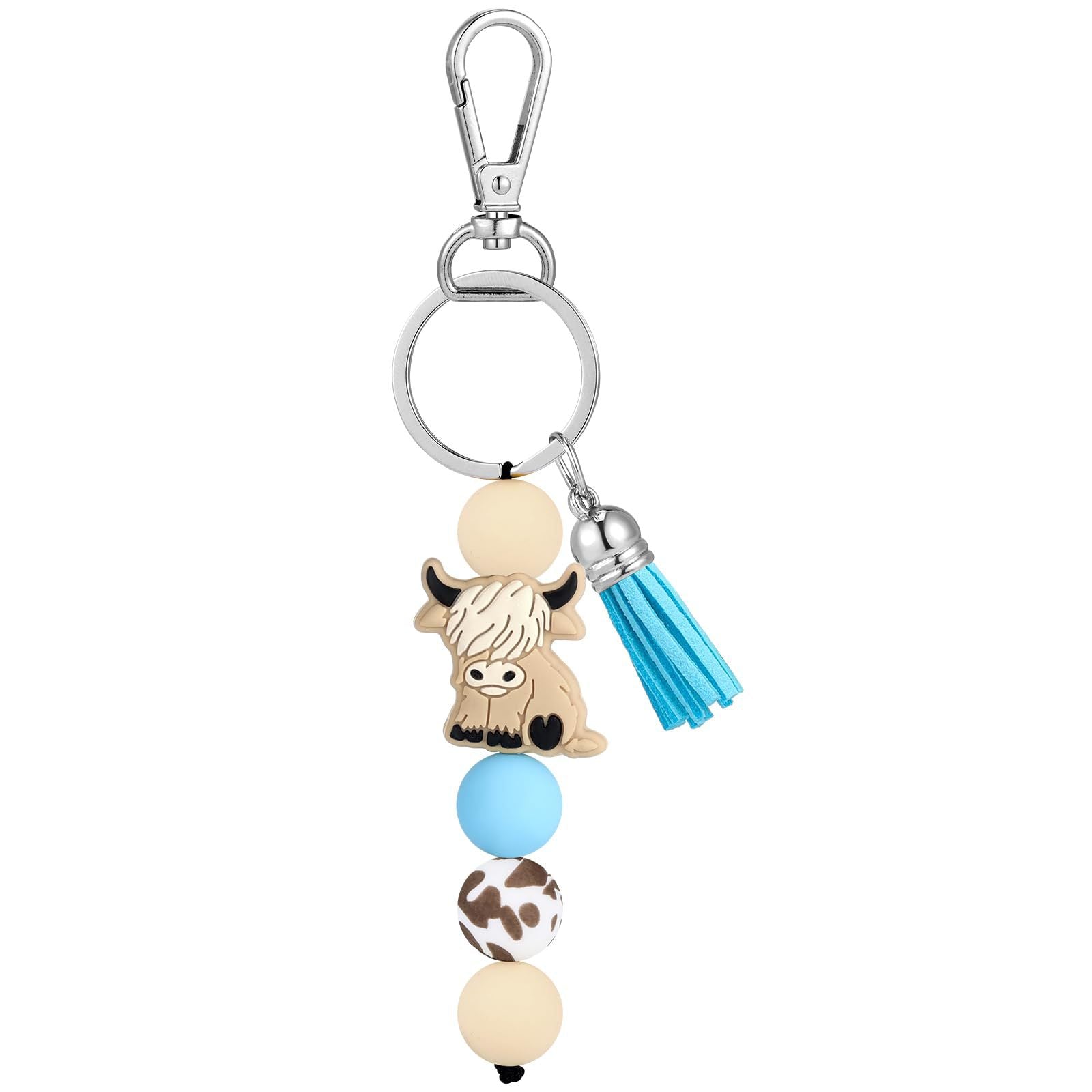 Wholesale Stylish Yak Cow Silicone Bead Tassel Keychain Spot Print Mountain Cow Pendant For Backpack Car Key And Birthday Gift Giving