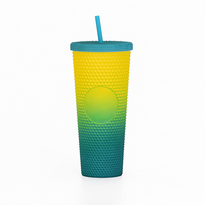 Wholesale Double-layer Plastic 710ml Durian Prick Hand Luminous Color Changing Rainbow Gradient Straw Cup