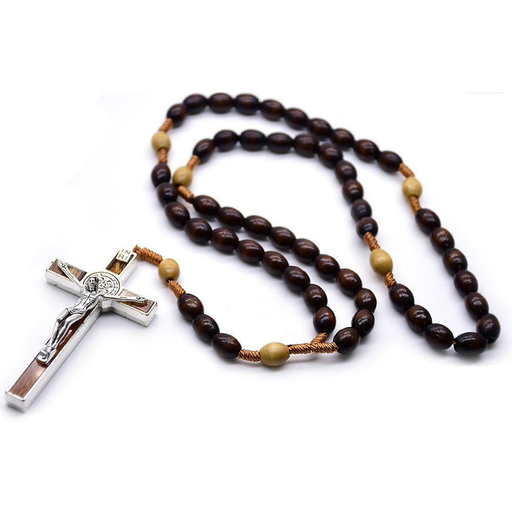 Wholesale Dark Brown Rice-Shaped Rosary  Cross Necklace