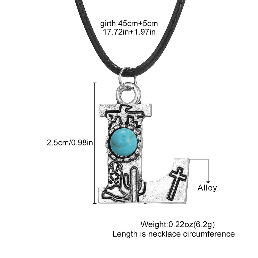 Wholesale English letter necklace western style cactus sunflower turquoise chain