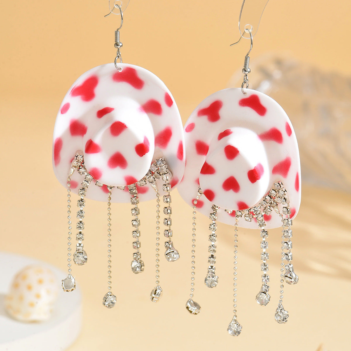 Wholesale Exaggerated rhinestone earrings hip-hop cowboy hat diamond tassel ear hooks