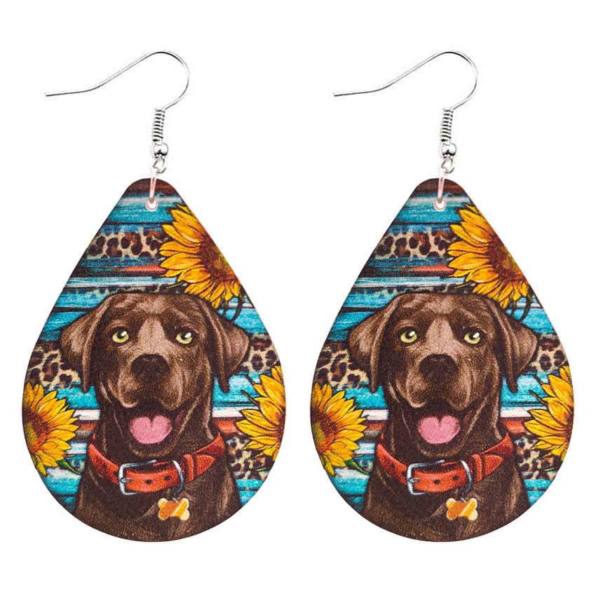 Wholesale Western Aztec Leopard Sunflower Labrador Leather Drop Earrings