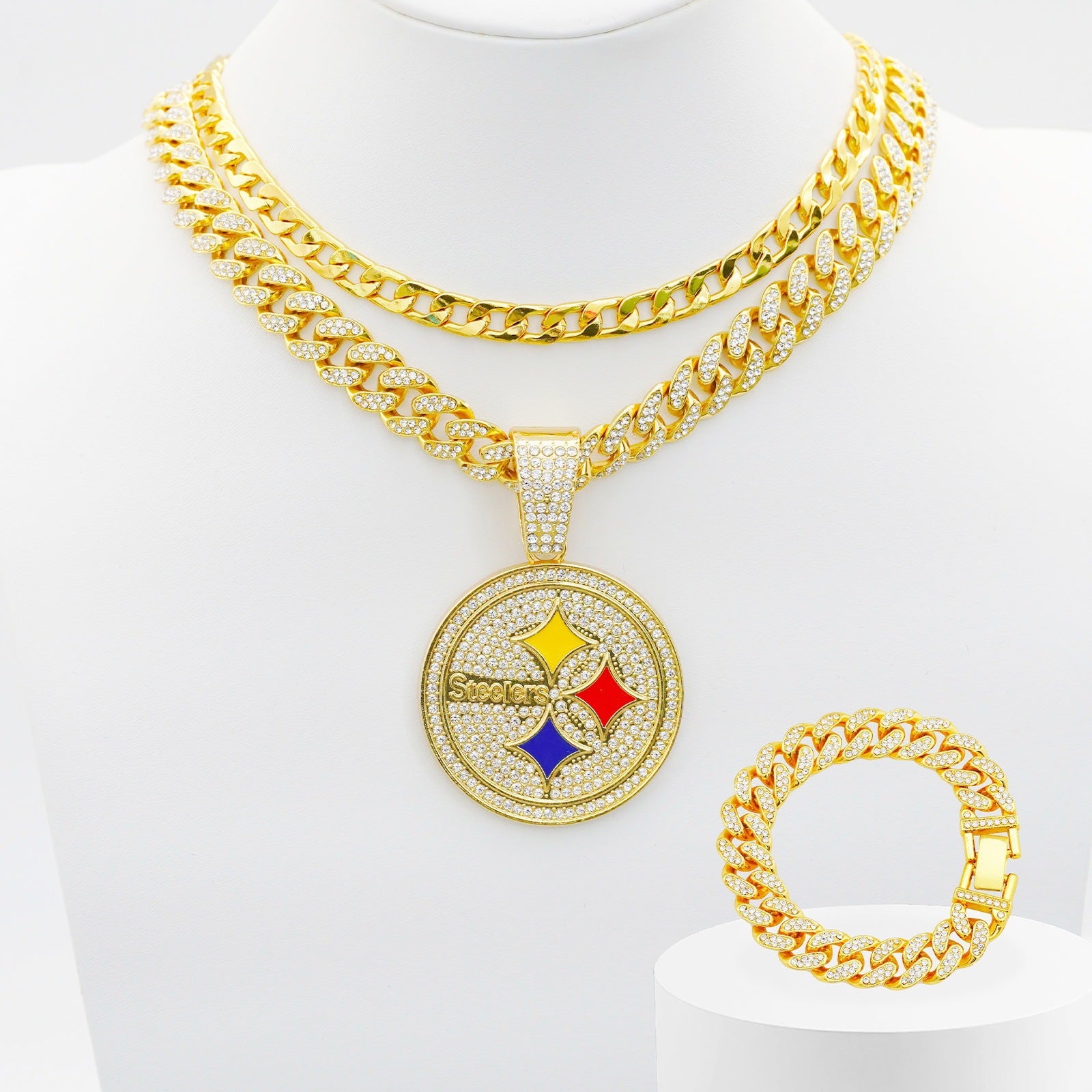 Wholesale Hip-Hop Diamond Round  Necklace Cuban Chain Bracelet Three-Piece Set