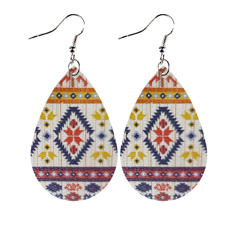 Wholesale Western Style Ethnic Totem Pattern Striped Leather Drop Shape Women's Earrings