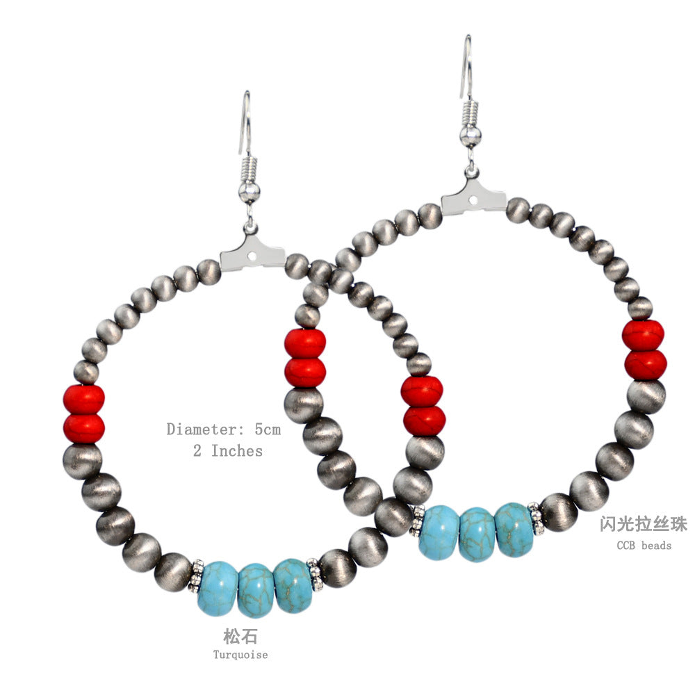 Wholesale Retro Bohemian red turquoise beaded jewelry ethnic style ancient tin necklace earrings bracelet three-piece set