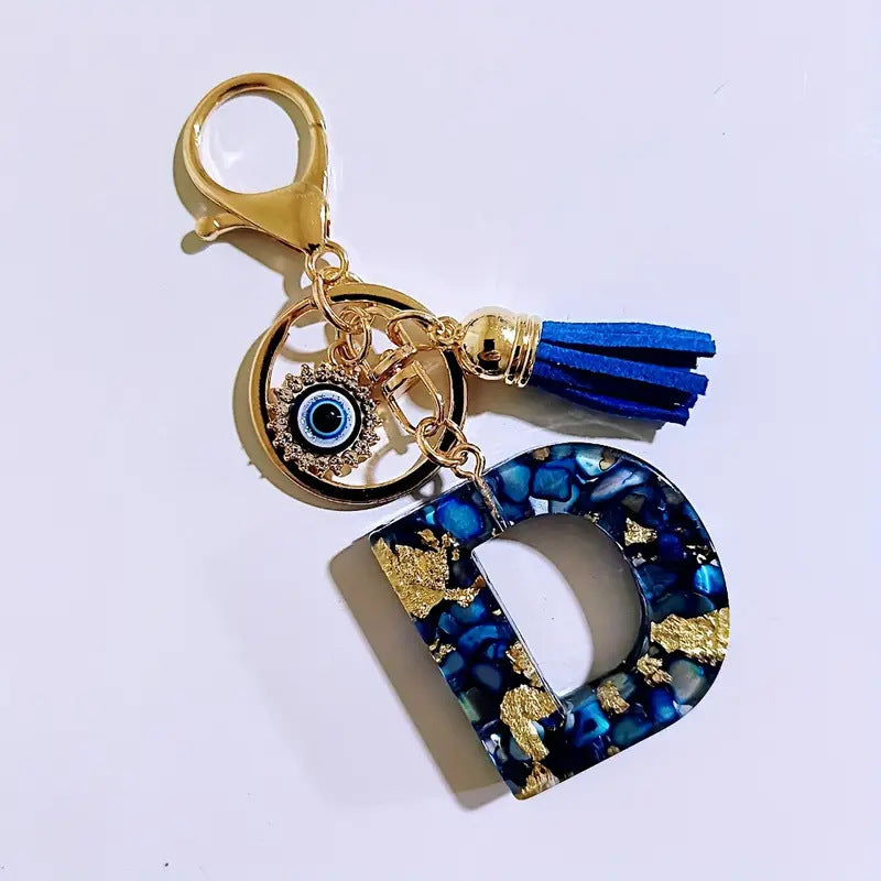 Wholesale Blue English letter Evil Eye tassel keychain