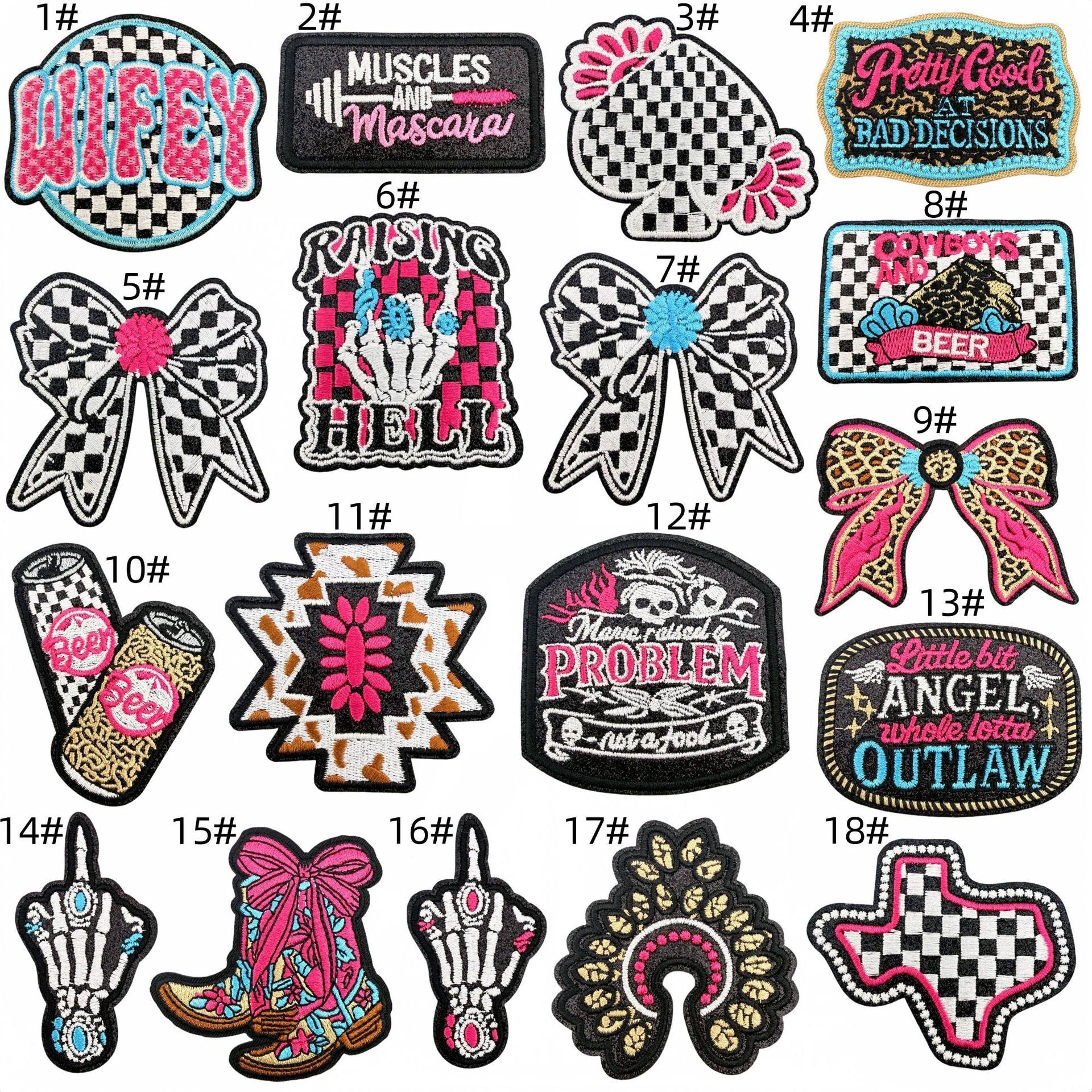 Wholesale Chic Embroidered Patch Set Of 18 Polyester Thread Cowboy Skull Bow Checkerboard DIY Craft Supply For Clothing Decoration