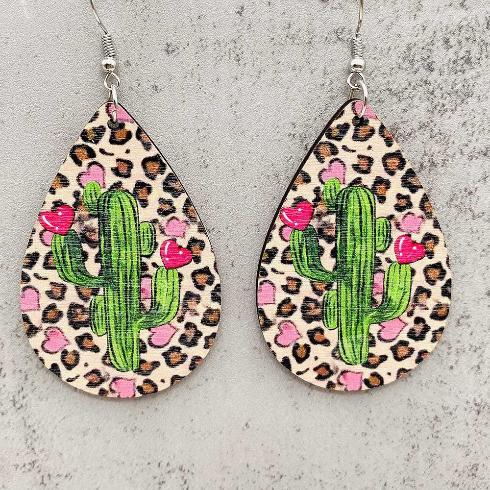 Wholesale Valentine's Day Cat Leopard Cactus Wooden Earrings