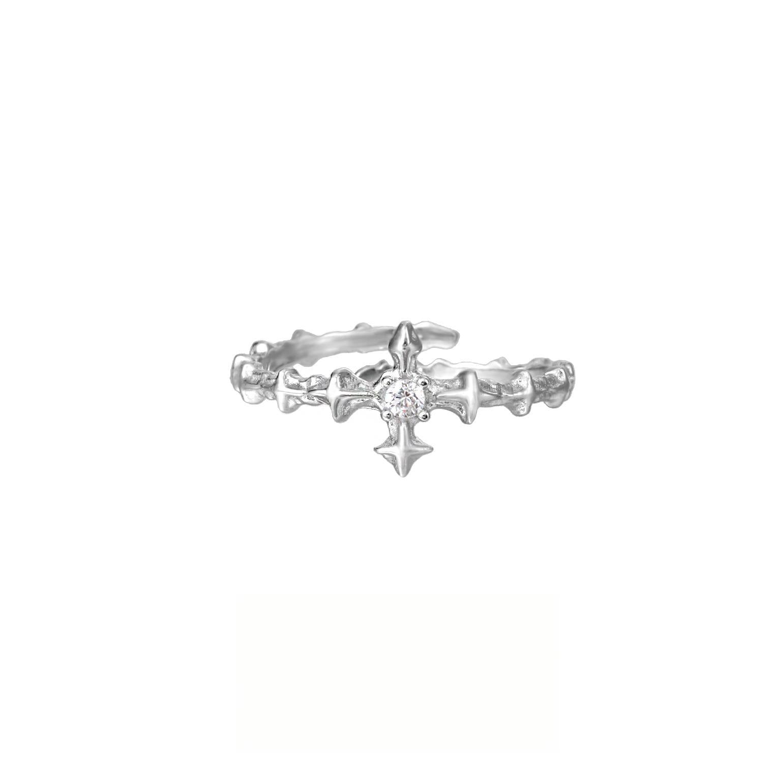 Wholesale Silver patterned cross zircon open ring