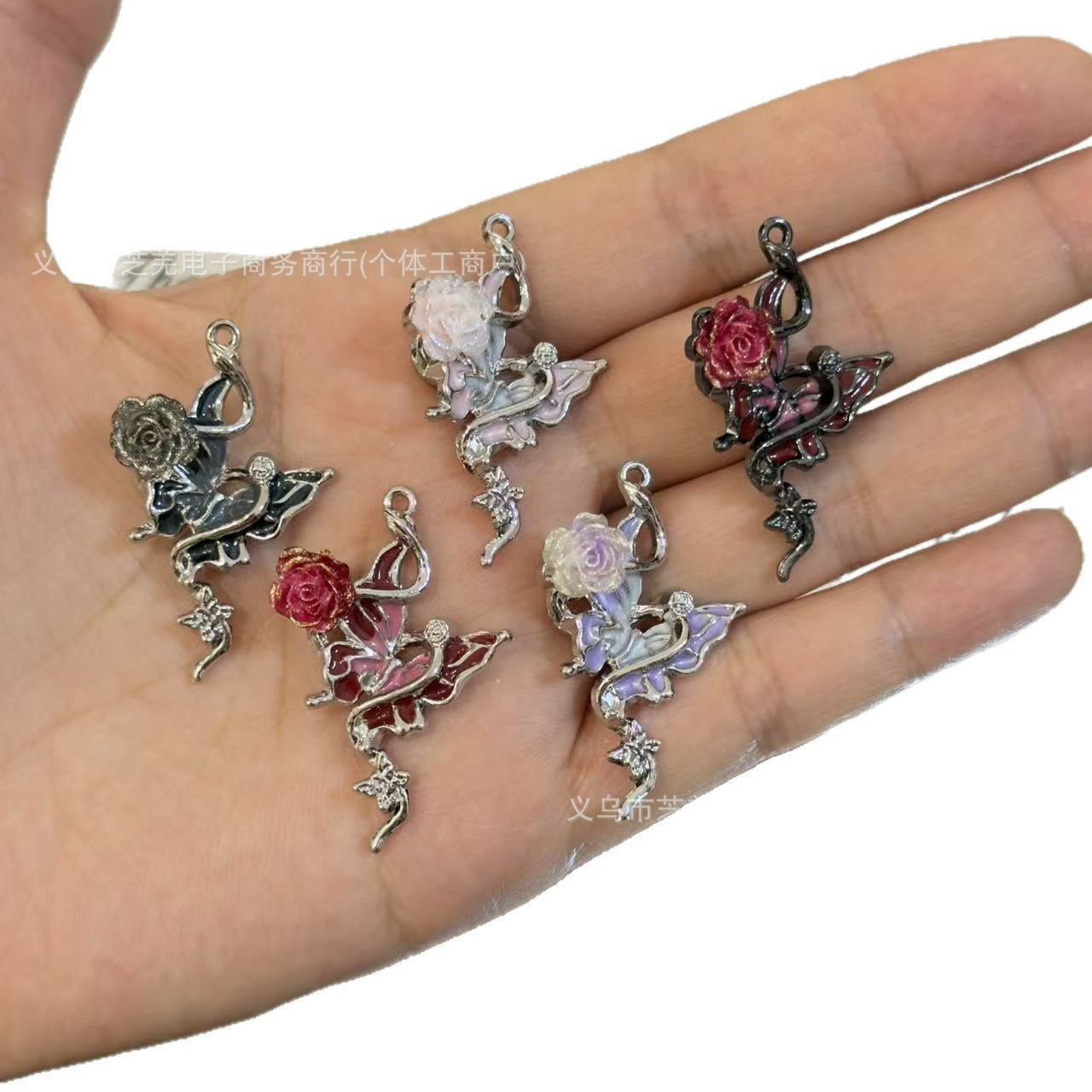 Wholesale 10pcs zircon butterfly gold pink rose relief hanging hole Pendant